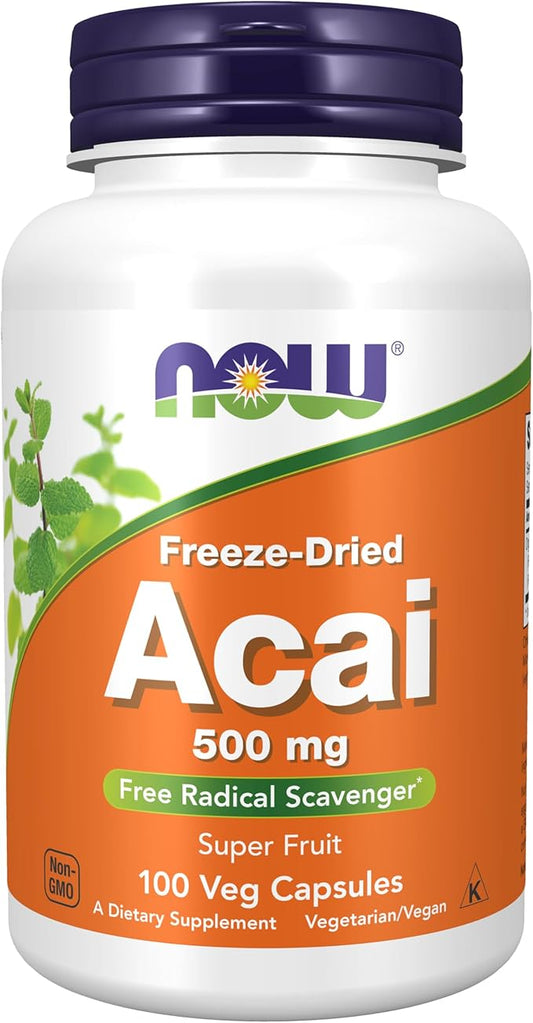 NOW Foods Supplements, Acai 500 mg, Freeze-Dried Super Fruit with Polyphenols, Ellagic Acid, Rutin, Anthocyanins and Catechins, 100 Veg Capsules