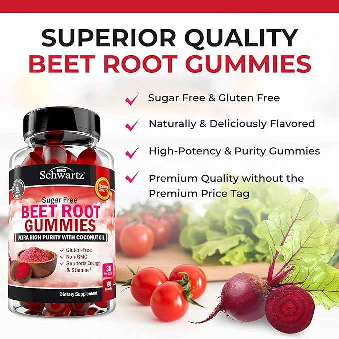 Sugar Free Beet Root Gummies - Nitric Oxide Beet Chews Infused with Coconut Oil for Highest Absorption - Supports Energy & Whole Body Health - Delicious Strawberry Flavor - 60 Count (30 Day Supply)