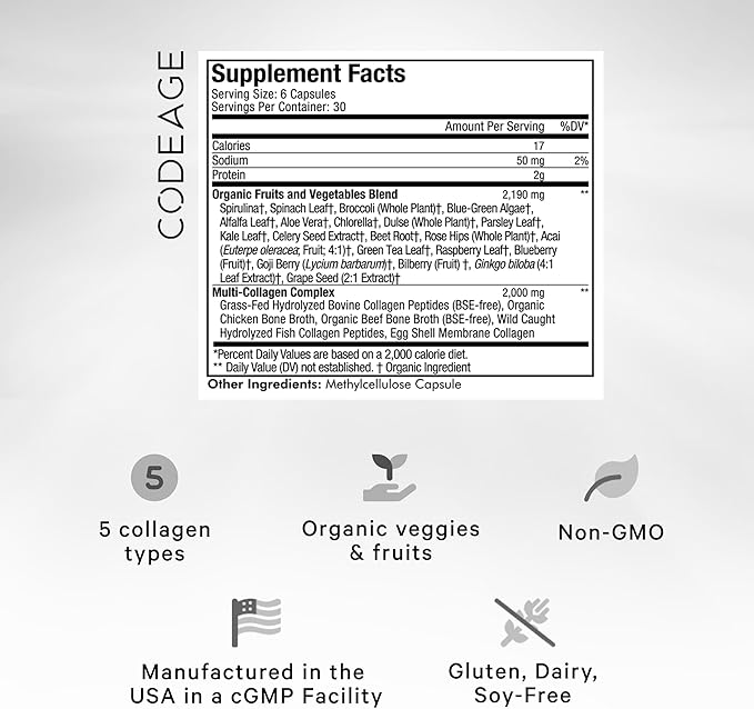 Codeage Multi Collagen Protein + Organic Raw Greens Superfood Capsules Supplement, 21 Fruits & Veggies, Grass-Fed Hydrolyzed Collagen Peptides, 5 Types All-in-One, 180 Count
