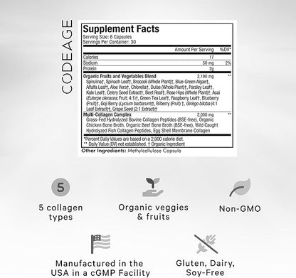 Codeage Multi Collagen Protein + Organic Raw Greens Superfood Capsules Supplement, 21 Fruits & Veggies, Grass-Fed Hydrolyzed Collagen Peptides, 5 Types All-in-One, 180 Count
