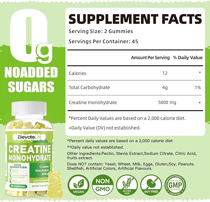 Creatine Monohydrate Gummies 5g for Men Women - Sugar Free Chewable Supplement. 180 Gummies Lemon