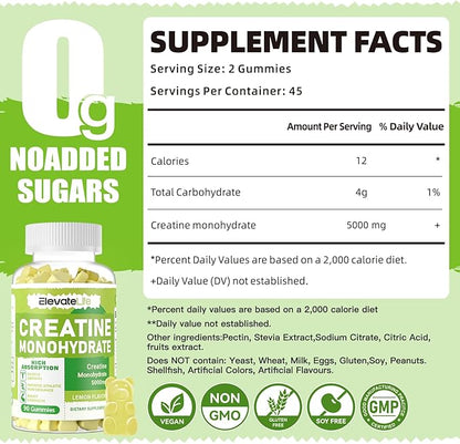 Creatine Monohydrate Gummies 5g for Men Women - Sugar Free Chewable Supplement. 180 Gummies Lemon
