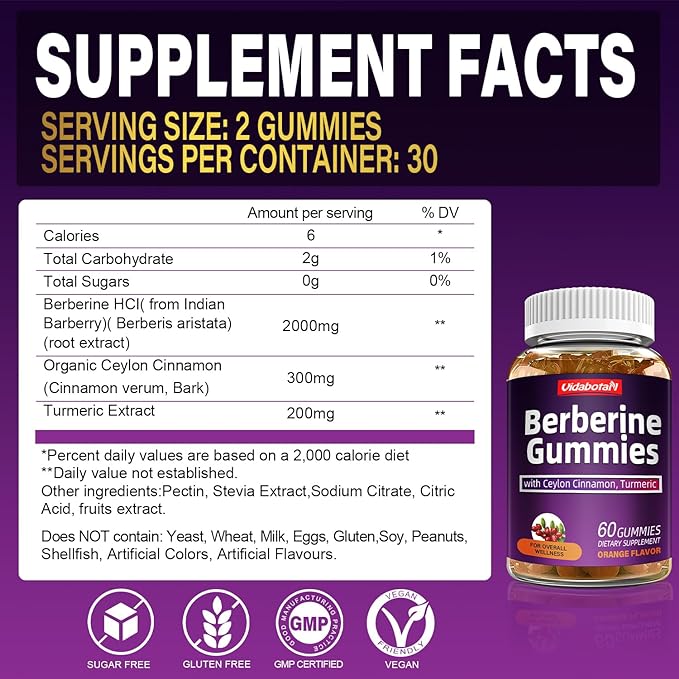 Berberine Gummies with Ceylon Cinnamon， 2000mg Berberine HCI Supplement for Men & Women, Orange Flavored Vegan Sugar Free Gummies (60 Count)(Pack of 1)