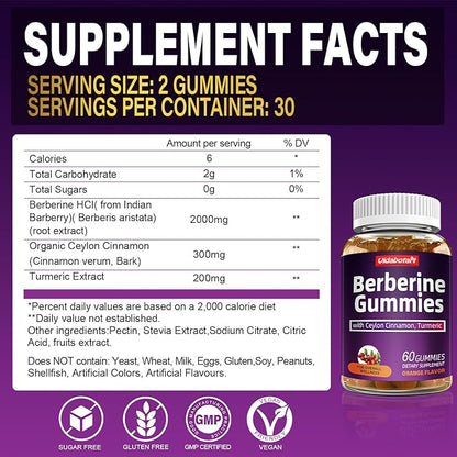 Berberine Gummies with Ceylon Cinnamon， 2000mg Berberine HCI Supplement for Men & Women, Orange Flavored Vegan Sugar Free Gummies (60 Count)(Pack of 1)