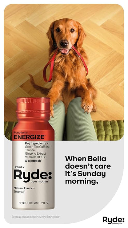 Ryde: Energize Shot | Tropical Flavor | Green Tea Caffeine, Taurine, Ginseng Extract & B Vitamins | 0 Calories, 0 Sugar | 2 FL OZ Shots | Boosts energy* (24 Pack)