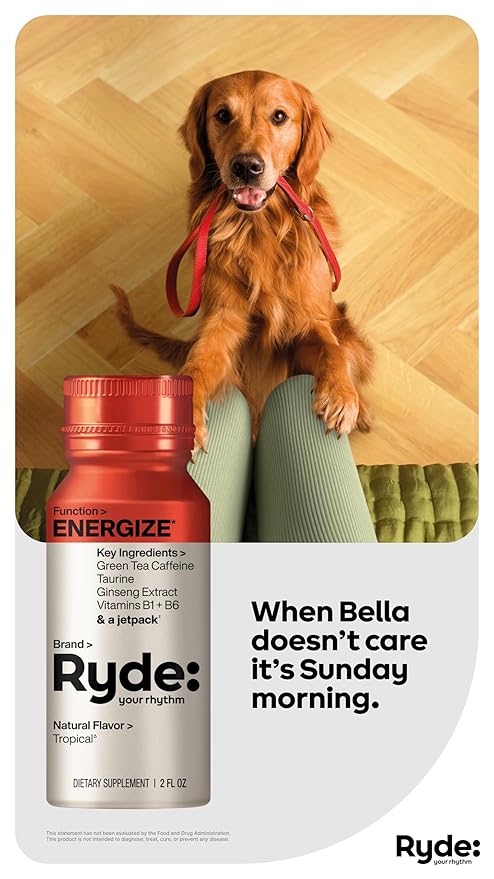Ryde: Energize Shot | Tropical Flavor | Green Tea Caffeine, Taurine, Ginseng Extract & B Vitamins | 0 Calories, 0 Sugar | 2 FL OZ Shots | Boosts energy* (8 Pack)