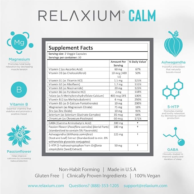 Relaxium Calm, Non-Habit Forming, Stress & Mood Support Supplement, Elevate Mood & Boost Relaxation with Ashwagandha, 5-HTP, GABA, Made in USA (60 Vegan Capsules, 30 Day Supply)