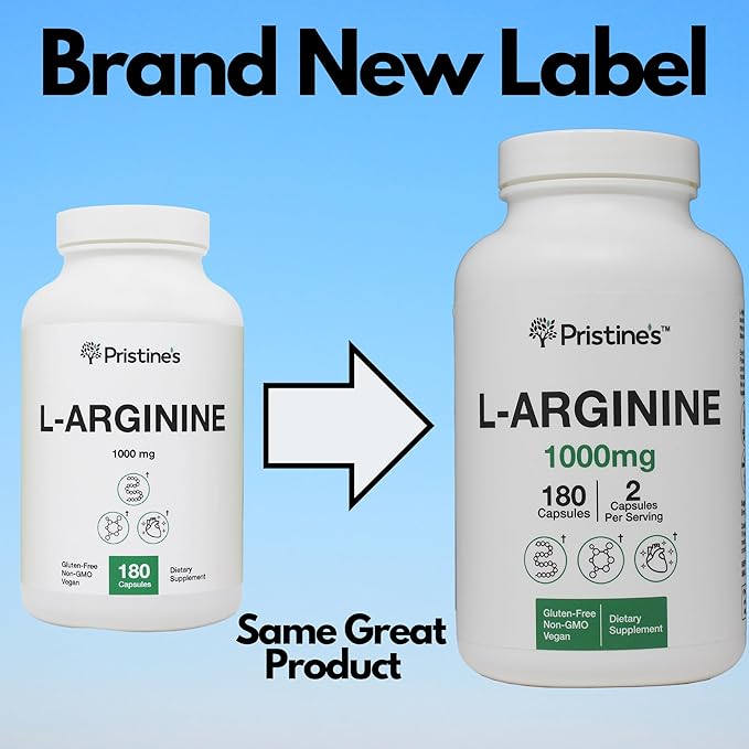 PRISTINE'S L Arginine Supplements for Men & Women - 1000mg Capsules 90 Day Supply Blood Flow & Pre Workout Amino Acid Support