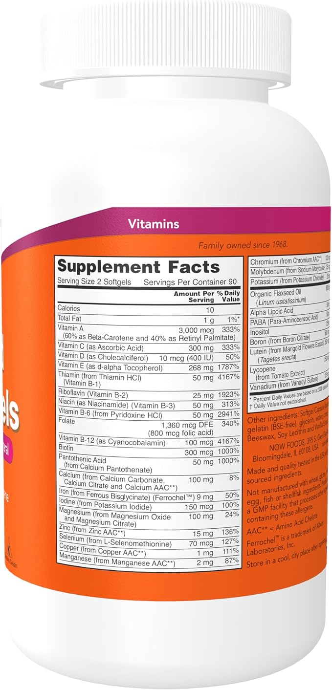 NOW Foods Supplements, Liquid Multi Gels with Lutein and Lycopene, plus Flax Seed Oil, 180 Softgels