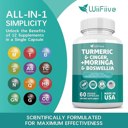 Turmeric Curcumin 30000mg Moringa 50000mg Boswellia 3000mg Cinger 3000mg Cinnamon Saffron Joint Support Supplement for Women and Men with Quercetin Holy Basil Garlic Nettle, 60 Capsules