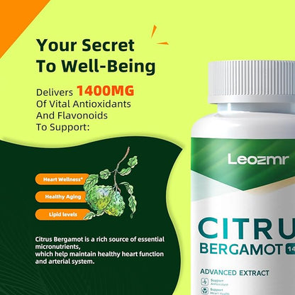 Organic Citrus Bergamot 1400mg, 120 Capsules - 25:1 Citrus Bergamia - Essential Oil and Citrus Bioflavonoids - Natural Heart Health Supplements for Women and Men - Non-GMO Pills