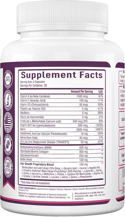 Premium Hair Growth for Women & Men - Hair Growth Vitamins w/ Biotin & Keratin - Prevents Hair Loss & Thinning, Supports Thicker Healthier Hair Growth - Supplement for All Hair Types, 60 Capsules