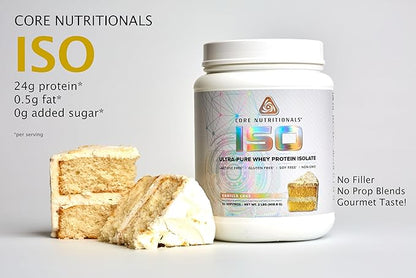 Core Nutritionals ISO, 100% Micro Filtered, Zero Artificial Fillers, 25g Whey Protein Isolate, 32 Servings (Vanilla Cake)