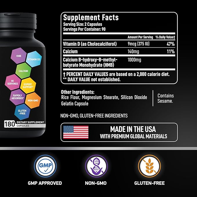 HMB and Vitamin D3 Supplement - B-Hydroxy B-Methylbutyrate Butyrate - 1,000 MG HMB Supplements with D3 and Calcium - Strength and Recovery Support, Muscle Growth, Mass Gainer - 180 Days, 360 Capsules