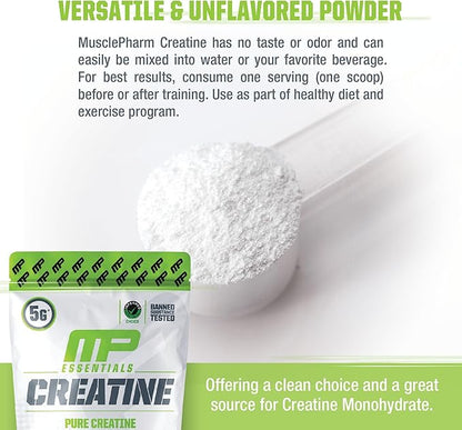 MusclePharm Essentials Creatine Monohydrate Powder, Pre Workout Muscle Builder & Post Workout Muscle Recovery Supplement, Ultra-Pure 100% Monohydrate Creatine Powder, 60 Servings, Unflavored