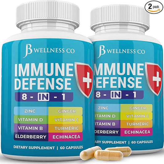 Immune Support 8 in 1 Capsules - Zinc Supplement, Vitamin D3 5000 IU, Vitamin C 1000MG and Elderberry - Immune Booster Ginger Root, and Turmeric - [2-Pack]