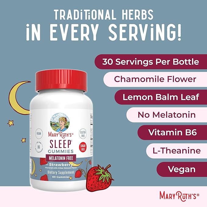 Sleep Gummies by MaryRuth's | Sugar Free | NO Melatonin | L Theanine | Lemon Balm Leaf | Chamomile | Vitamin B6 | Relaxation & Sleep Support | Stress Relief | Vegan | Gluten Free | 60 Count