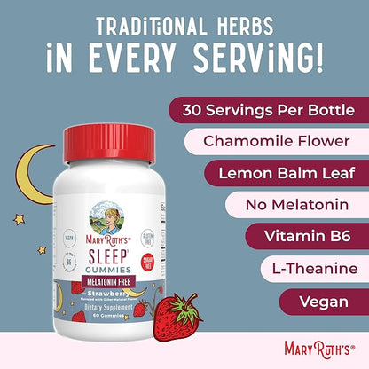 Sleep Gummies by MaryRuth's | Sugar Free | NO Melatonin | L Theanine | Lemon Balm Leaf | Chamomile | Vitamin B6 | Relaxation & Sleep Support | Stress Relief | Vegan | Gluten Free | 60 Count
