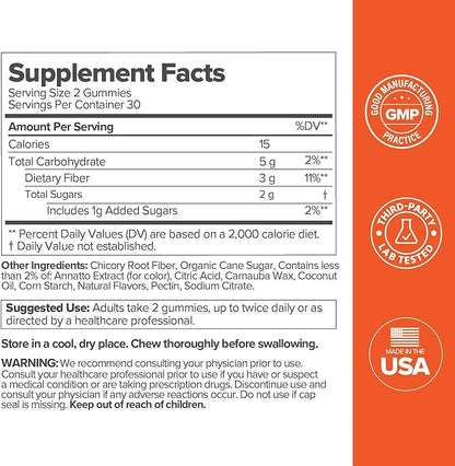 GOGO Fiber Gummies for Adults, 60 Count (Pack of 1) - Prebiotic Chicory Root Inulin Fiber Supplement - Daily Gummy Fiber for Digestive Gut Health - Non-GMO, Vegan & Cruelty-Free