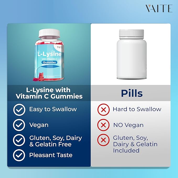 L-Lysine 800mg Gummies with Vitamin C - Supports Skin, Lip, Vegan, Gluten Free, 60 Chewable Lysine for Adults, Vitamins Tissue Health & Immune System, Amino Acid & Complex Supplements, Non-GMO