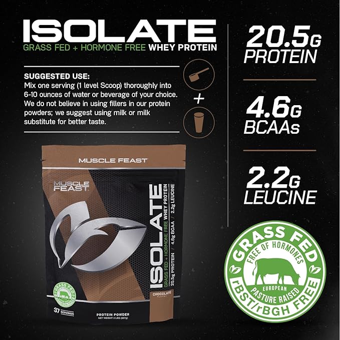 Muscle Feast Grass-Fed Whey Protein Isolate, All Natural Hormone Free Pasture Raised, Chocolate, 2lb