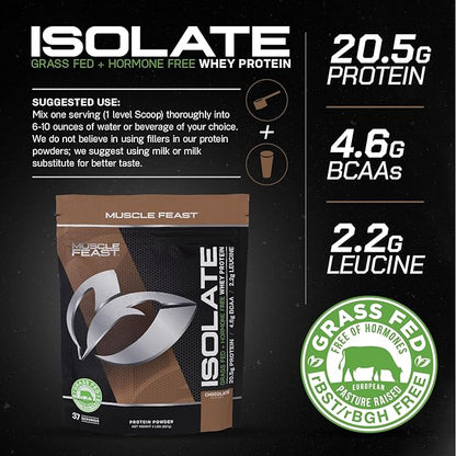 Muscle Feast Grass-Fed Whey Protein Isolate, All Natural Hormone Free Pasture Raised, Chocolate, 2lb