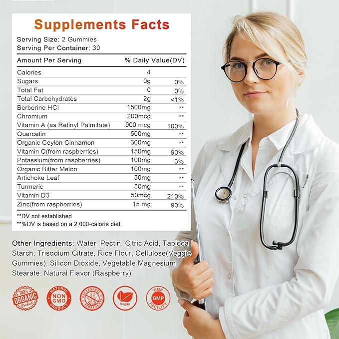 Sugar-Free Berberine Supplement Gummies, 1500mg Original Berberine HCL with Ceylon Cinnamon, Quercetin, Multivitamin, Support Immune & Gastrointestinal Function & Metabolism for Women & Men