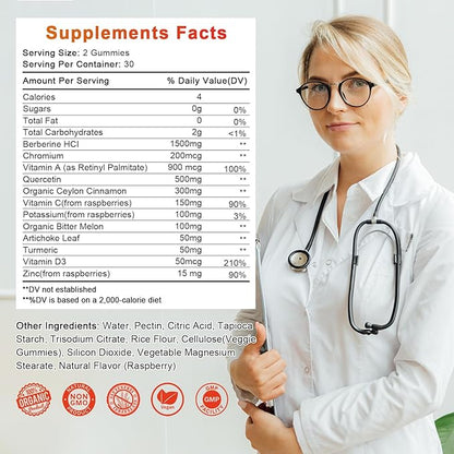 Sugar-Free Berberine Supplement Gummies, 1500mg Original Berberine HCL with Ceylon Cinnamon, Quercetin, Multivitamin, Support Immune & Gastrointestinal Function & Metabolism for Women & Men
