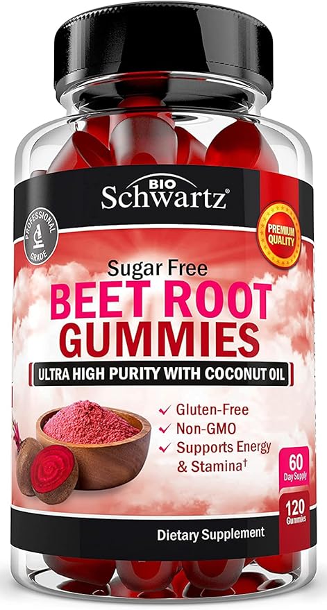 Sugar Free Beet Root Gummies - Nitric Oxide Beet Chews Infused with Coconut Oil for Highest Absorption - Supports Energy & Whole Body Health - Delicious Strawberry Flavor - 120 Count (60 Day Supply)