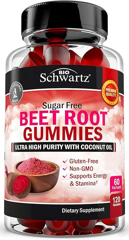 Sugar Free Beet Root Gummies - Nitric Oxide Beet Chews Infused with Coconut Oil for Highest Absorption - Supports Energy & Whole Body Health - Delicious Strawberry Flavor - 120 Count (60 Day Supply)
