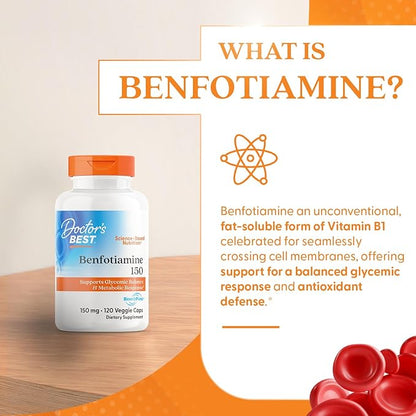 Doctor's Best Benfotiamine, Supports Glycemic Balance & Metabolic Response, Non-GMO, Vegan, Gluten Free, Soy Free, 150 mg, 120 Veggie Caps