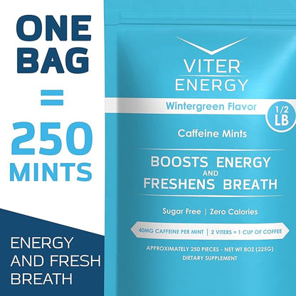 Viter Energy Caffeinated Mints 40mg Caffeine, B Vitamins, Sugar Free. (Wintergreen, 8oz, Bulk Bag)