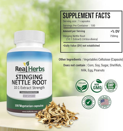 Real Herbs Stinging Nettle Root Extract 7500mg (750mg of 10:1 Extract) Vegetarian Friendly, Non-GMO, Gluten Free - Promotes Prostate & Urinary Tract Health - 100 Capsules