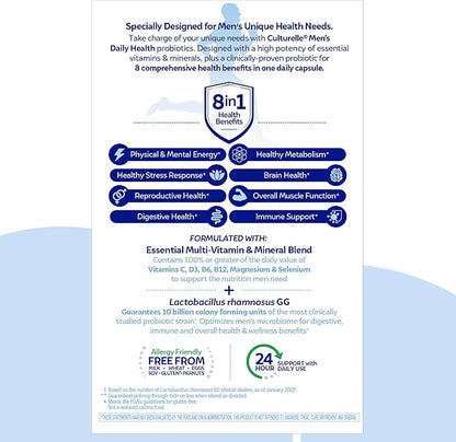 Culturelle Daily Health 8-in-1 Probiotic and Multivitamin for Men - 30 Count - Naturally-Sourced Probiotics for Digestive Health & Immune Support, with Magnesium, Vitamin D3, Vitamin C, Vitamin B12