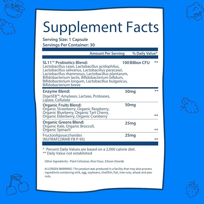 GOBIOTIX 100 Billion - Probiotics and Prebiotics Supplement Pills - Digestive Enzymes and Prebiotic Fiber Blend - 100 Billion CFU - Organic Fruit and Greens Blend - Vegan, Non GMO - 30 Capsules