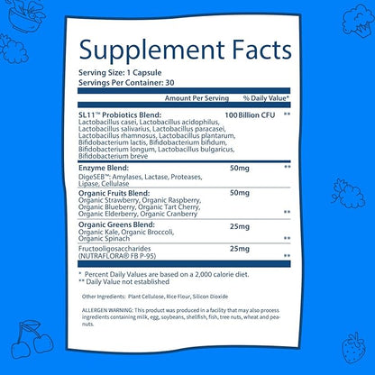 GOBIOTIX 100 Billion - Probiotics and Prebiotics Supplement Pills - Digestive Enzymes and Prebiotic Fiber Blend - 100 Billion CFU - Organic Fruit and Greens Blend - Vegan, Non GMO - 30 Capsules