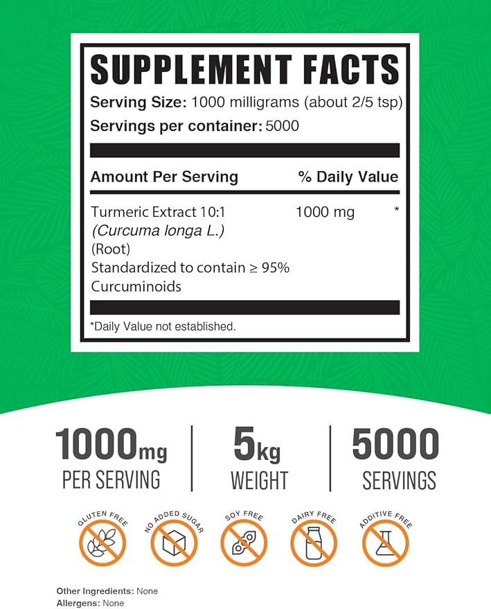 BulkSupplements.com Turmeric Extract Powder - from Turmeric Root, Curcumin Supplements 1000mg, Turmeric Curcumin Powder - Gluten Free, 1000mg per Serving, 5kg (11 lbs) (Pack of 5)