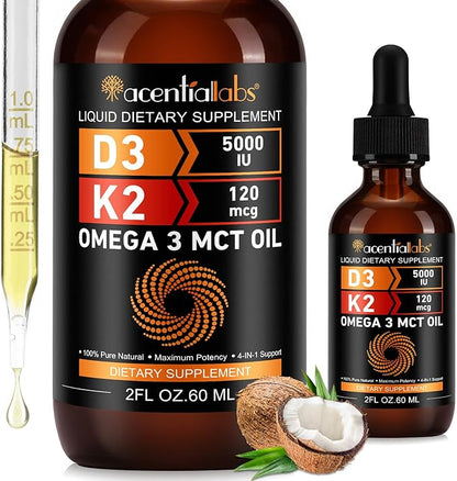 Vitamin D3 K2 Drops w MCT Oil Omega 3, 4-in-1 Support, 5000 IU of Vitamin D3 and 120 mcg of Vitamin K2. Liquid D3 for Body’s Defenses & Faster Absorption, Unflavored