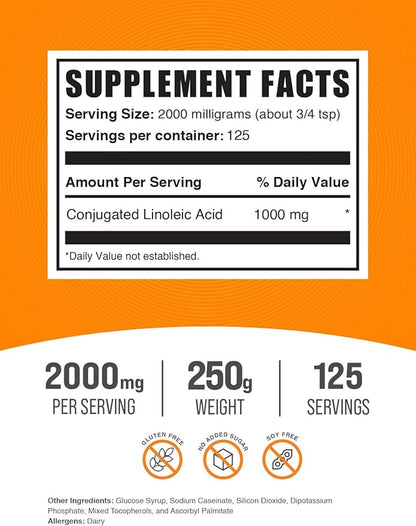 BulkSupplements.com Conjugated Linoleic Acid Powder - CLA Conjugated Linoleic Acid, CLA Supplements, CLA Powder - Gluten Free, 2000mg per Serving, 250g (8.8 oz) (Pack of 1)