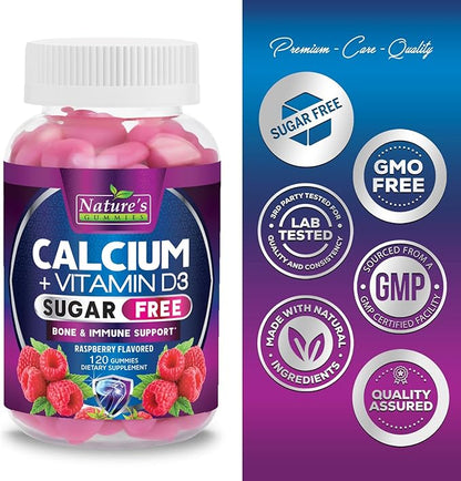 Sugar Free Calcium Gummy Bites Plus 400 IU Vitamin D3, Bone Health & Immune Support, Supports Bone Strength - Chewable Calcium Nutrition Supplement, Non-GMO, Berry Flavor Chews - 120 Gummies