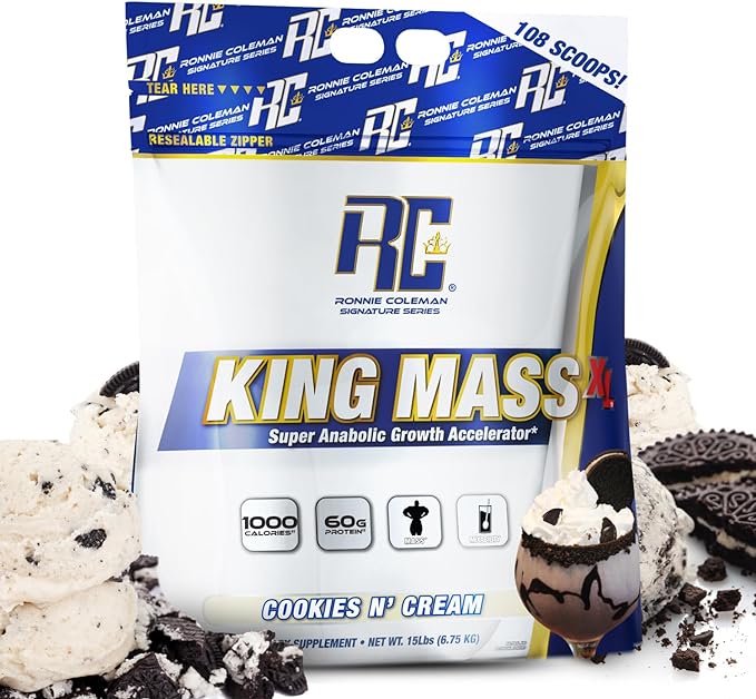 Ronnie Coleman Signature Series King Mass XL Mass Gainer Protein Powder, Muscle Gainer, 60g Protein, 180g Carbohydrates, 1,000+ Calories, Creatine and Glutamine, Cookies N' Cream, 15 Pound