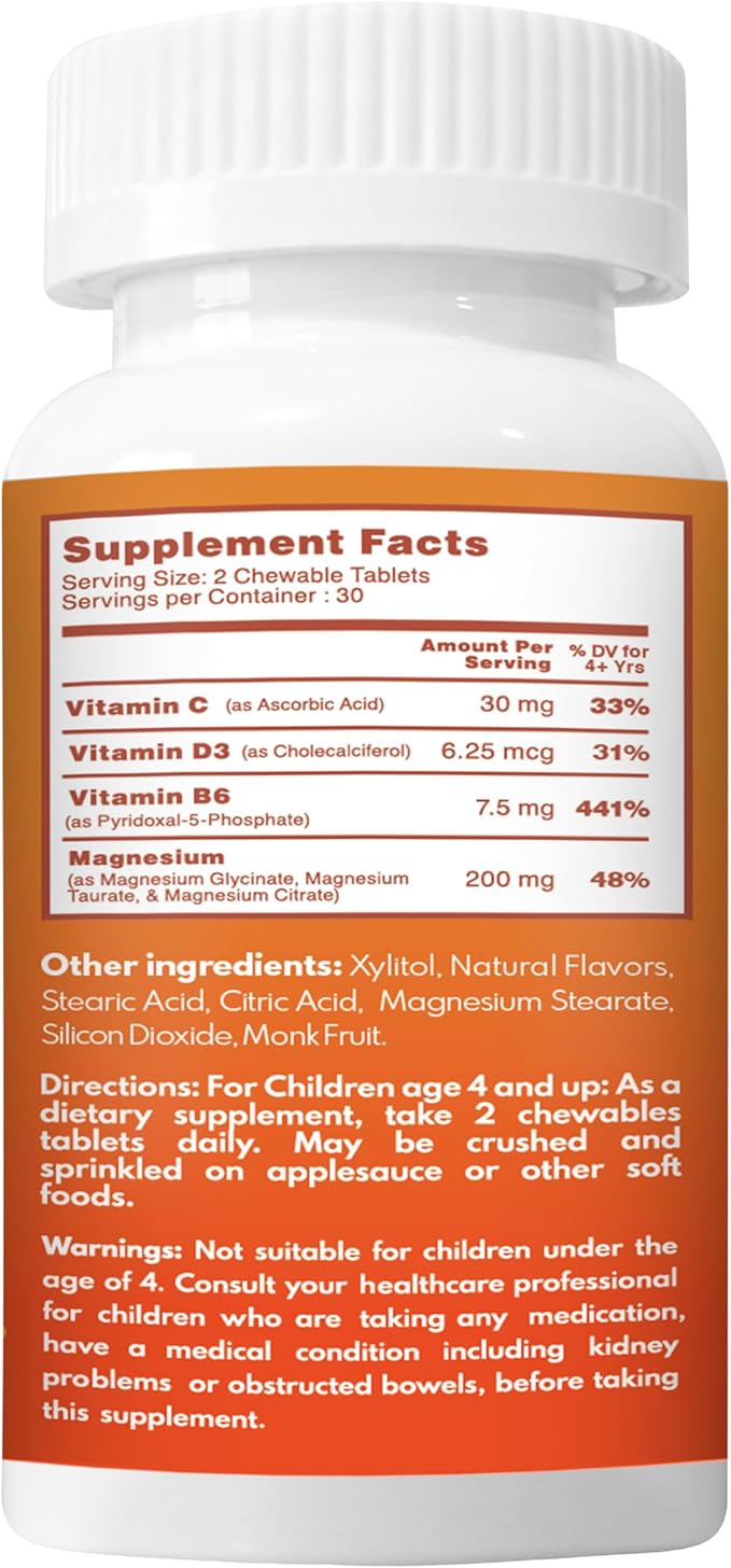 Chewable Magnesium for Kids, Relaxation and Calm Formula, Glycinate, Citrate, Taurate, Vitamin B6, D, C, Natural Fruit Punch Flavor, Sugar Free, Gluten Free, Non-GMO, 60 Chewable Tablets