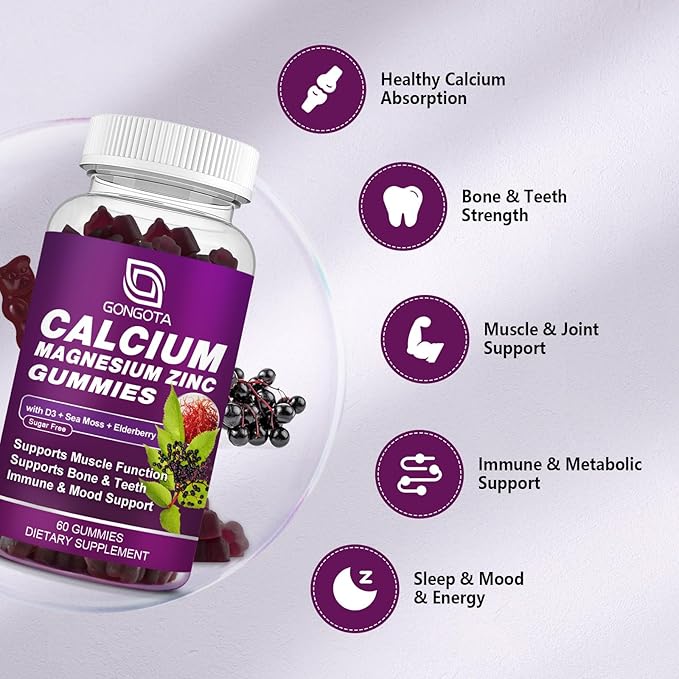 Calcium Magnesium Zinc with Vitamin D3 Supplement, Highly Absorbent Calcium Gummies with 300mg Magnesium glycinate Support Bone & Teeth, Muscle for Adults and Teens,Sugar Free, Vegan (2 Pack)