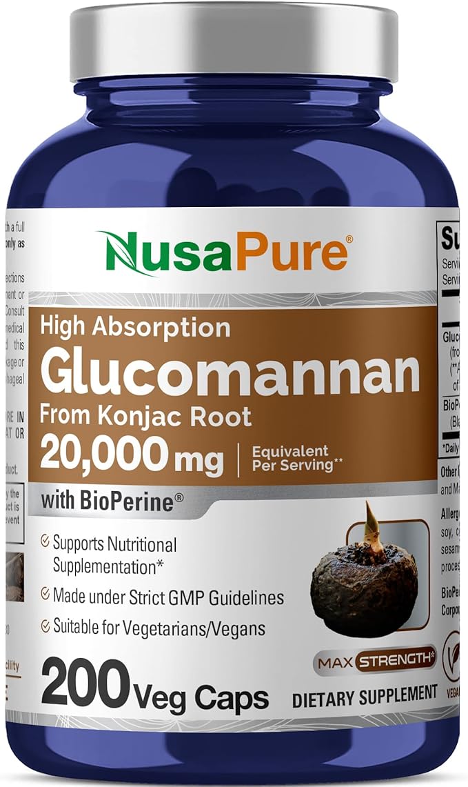 NusaPure Glucomannan 20,000 mg per Serving 200 VCaps (20:1 Extract, BioPerine Non-GMO, Vegan) Konjac Root