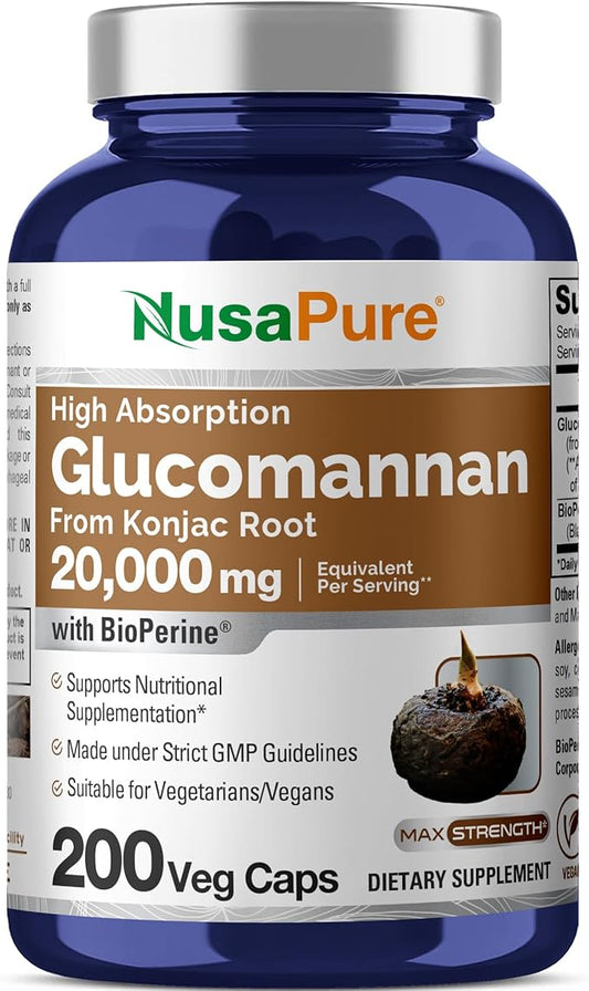 NusaPure Glucomannan 20,000 mg per Serving 200 VCaps (20:1 Extract, BioPerine Non-GMO, Vegan) Konjac Root