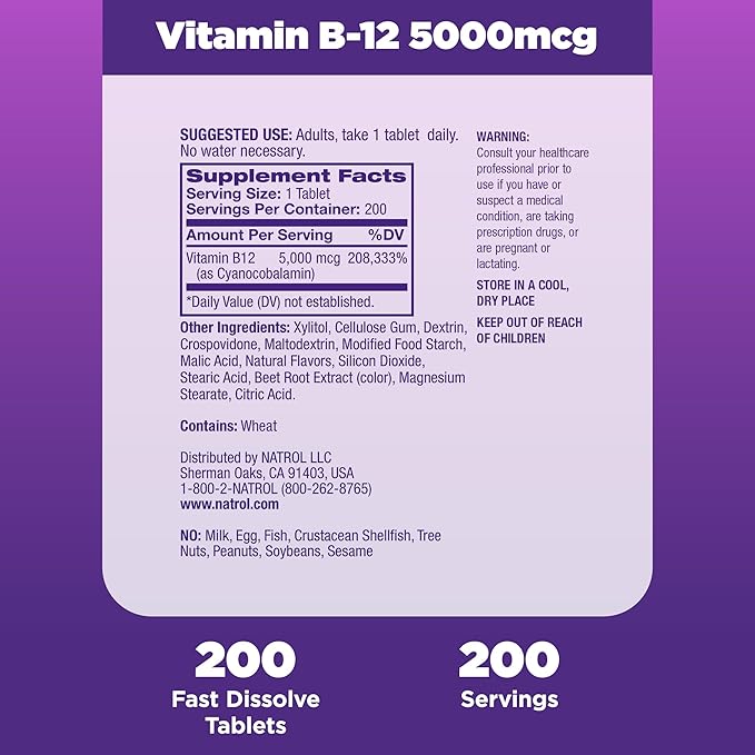 Natrol Vitamin B12 5,000 mcg, Fast Dissolve Vitamin B12 Supplement Supports a Healthy Nervous System and Energy Metabolism, 200 Tablets, Up to a 200 Day Supply