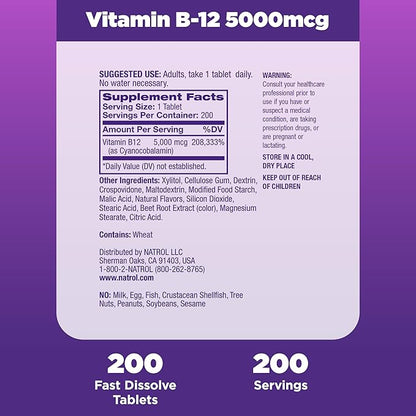 Natrol Vitamin B12 5,000 mcg, Fast Dissolve Vitamin B12 Supplement Supports a Healthy Nervous System and Energy Metabolism, 200 Tablets, Up to a 200 Day Supply