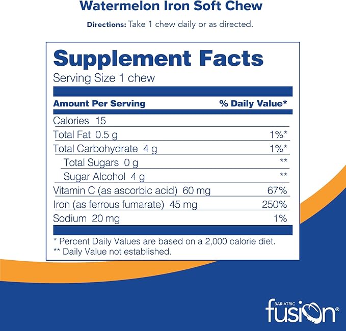 Bariatric Fusion Iron Soft Chew with Vitamin C | Watermelon Flavored | Chewy Vitamin for Bariatric Patients | Gluten Free | Iron Supplement for Women and Men | 60 Count | 2 Month Supply
