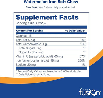 Bariatric Fusion Iron Soft Chew with Vitamin C | Watermelon Flavored | Chewy Vitamin for Bariatric Patients | Gluten Free | Iron Supplement for Women and Men | 60 Count | 2 Month Supply