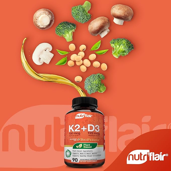 NutriFlair Vitamins D3 (5000iu/125mcg) + K2 (as Mk7) - Made with Plant-Based Ingredients Plus BioPerine Black Pepper Extract, 90 Capsules - Supports Healthy Immune, Heart and Health - Non-GMO Pills